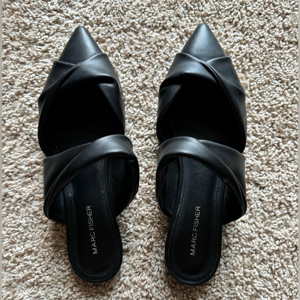 Marc Fisher Satera Knotted Twist Pointed Toe Flat Slip-On Mule, Black, 8.5M